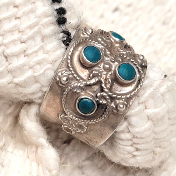 Vintage Taxco Mexican Sterling Silver Blue Turquoise Multi Stone Band Ring - Picture 1 of 4